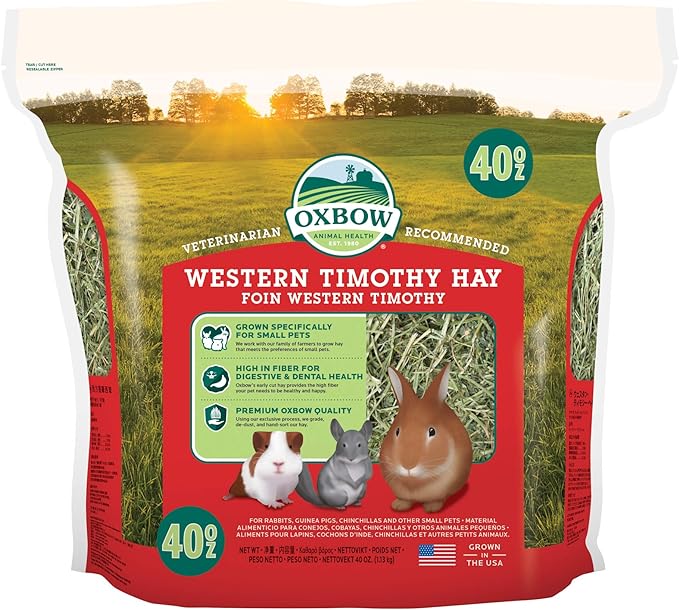 Oxbow Animal Health Western Timothy Hay- Veterinarian Recommended- Hay for Rabbits, Chinchillas, Guinea Pigs & Other Small Pets- Grown in the USA- Premium Quality Natural Hay- Fiber Rich- 40 Oz