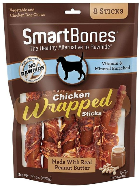 SMARTBONES CHICKEN WRAPPED PEANUT BUTTER SICKS RAWHIDE FREE DOG CHEW 8 COUNT