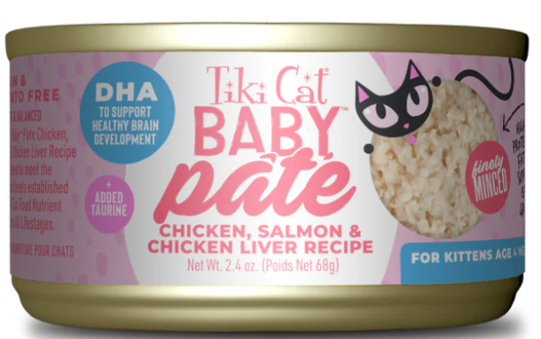 Tiki Cat Baby Pate Wet Cats Food For Kittens, Chicken, Salmon & Chicken Liver, 2.4 oz. Can