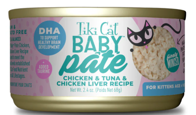 Tiki Cat Baby Pate Wet Cat Food For Kittens, Chicken, Tuna & Chicken Liver, 2.4 oz. Can
