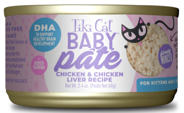 Tiki Cat Baby Pate Wet Cat Food For Kittens, Chicken & Chicken Liver, 2.4 oz. Can