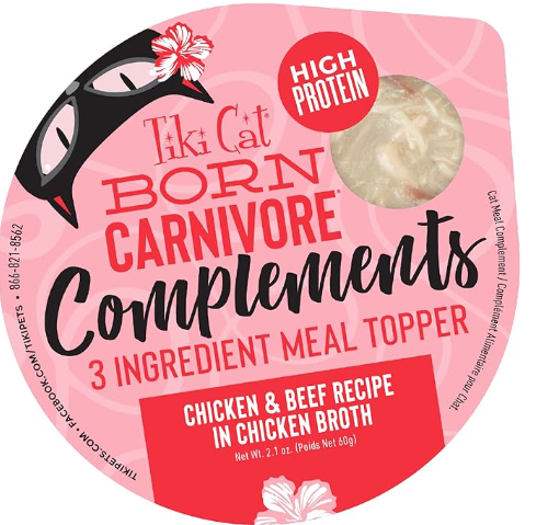 Tiki Cat Born Carnivore Complements, Chicken & Beef Recipe, High-Protein & High-Moisture Wet Cat Food Topper, 2.1 oz. Cups
