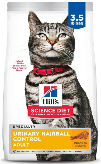 Hill's Science Diet Urinary Hairball Control, Adult 1-6, Urinary Track Health & Hairball Control Support, Dry Cat Food, Chicken Recipe, 3.5 lb Bag