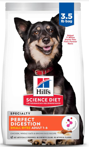 Hill's Science Diet Perfect Digestion, Adult 1-6, Digestive Support, Small Kibble, Dry Dog Food, Chicken, Brown Rice, & Whole Oats, 3.5 lb Bag