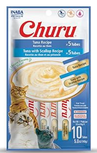 INABA Churu Cat Treats, Grain-Free, Lickable, Squeezable Creamy Purée Cat Treat/Topper with Vitamin E & Taurine, 0.5 Ounces Each Tube, 10 Tubes Total/Two Flavors, Tuna Variety