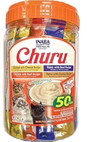 INABA Churu Cat Treats, Grain-Free, Lickable, Squeezable Creamy Purée Cat Treat/Topper with Vitamin E & Taurine, 0.5 Ounces Each Tube, 50 Tubes, Beef & Cheese Variety