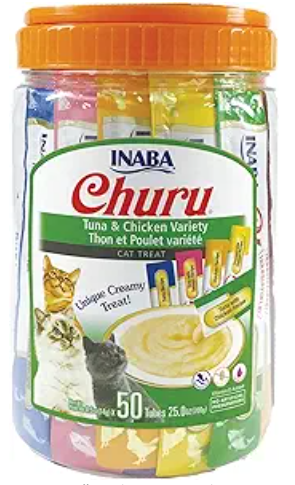 INABA Churu Cat Treats, Grain-Free, Lickable, Squeezable Creamy Purée Cat Treat/Topper with Vitamin E & Taurine, 0.5 Ounces Each Tube, 50 Tubes, Tuna & Chicken Variety