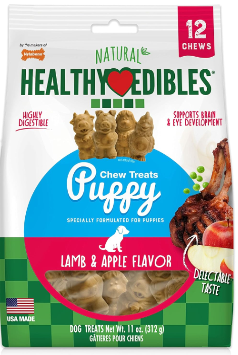 Nylabone Healthy Edibles Natural Puppy Chews Long Lasting Treats for Puppies, Lamb & Apple Flavor, Small/Regular (12 Count)