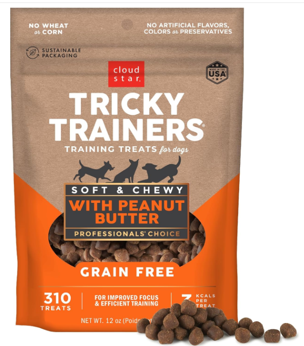 Cloud Star Tricky Trainers Soft & Chewy Dog Training Treats 12 oz Pouch, Peanut Butter Flavor, Grain-Free Low Calorie Behavior Aid with 310 treats