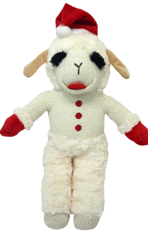 Multipet Lamb Chop Dog Plush Toy w/Santa Hat - Dog Toy for All Dogs - Extra Soft Plush Dog Toy - Stuffed Animal Dog Toy for Cuddling & Playing - Cute Pet Toy (10.5”, Cream)