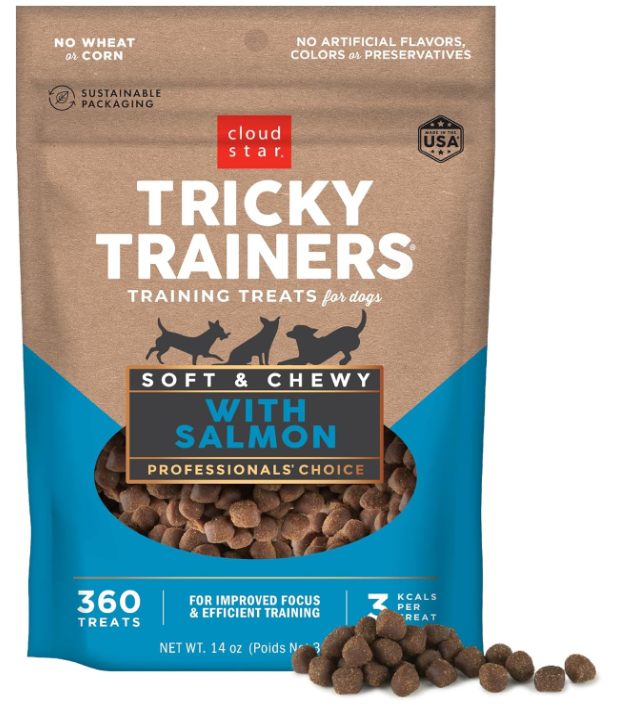 Cloud Star Tricky Trainers Soft & Chewy Dog Training Treats 14 oz Pouch, Salmon Flavor, Low Calorie Behavior Aid with 360 treats