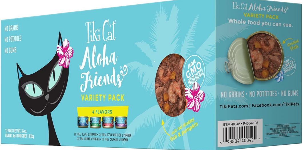 Tiki Cat Aloha Friends Variety Pack, Seafood Flavors with Pumpkin, Wet, High-Protein & High-Moisture Cat Food, For All Life Stages, 3 oz. Cans (Pack of 12)