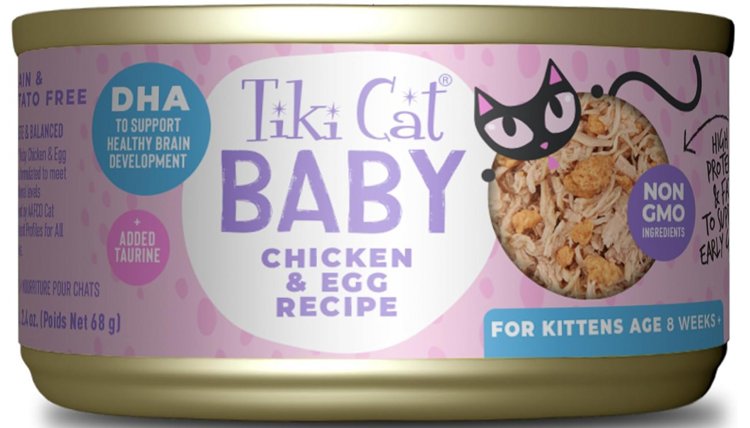 Tiki Cat Baby, Chicken & Egg, High-Protein and 100% Non-GMO Ingredients, Wet Cat Food for Kittens 8 Weeks+, 2.4 oz. Cans