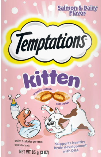 Temptations Kitten Salmon And Dairy Flavor Crunchy And Soft Dry Treats For Kitten, 3 Oz Pouch