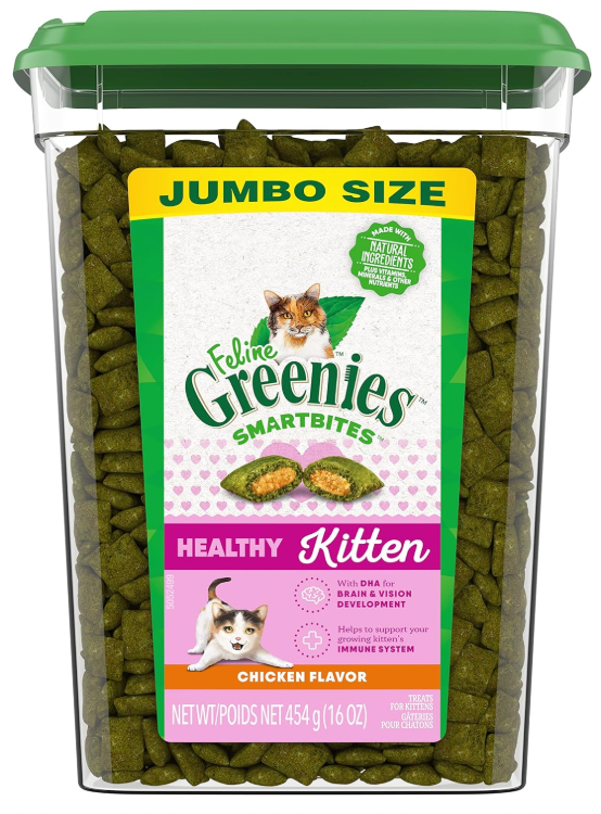 FELINE GREENIES Smartbites Healthy Kitten Treats, Crunchy and Soft Natural Cat Treats, Chicken Flavor, 16 oz Tub