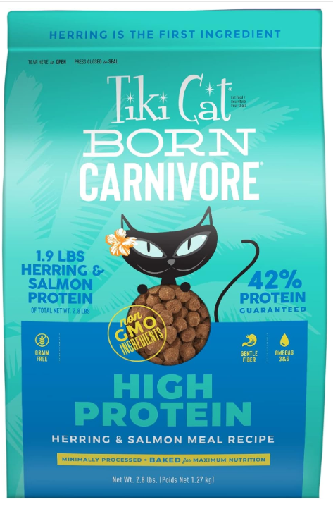 Tiki Cat Born Carnivore High Protein, Herring & Salmon Meal, Grain-Free Baked Kibble to Maximize Nutrients, Dry Cat Food, 2.8 lbs. Bag