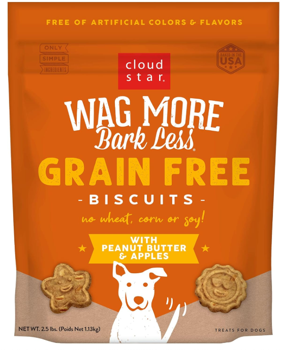 Cloud Star Wag More Bark Less - Dog Treats - Crunchy Biscuits - Grain Free Peanut Butter & Apples - 2.5 lb Pouch