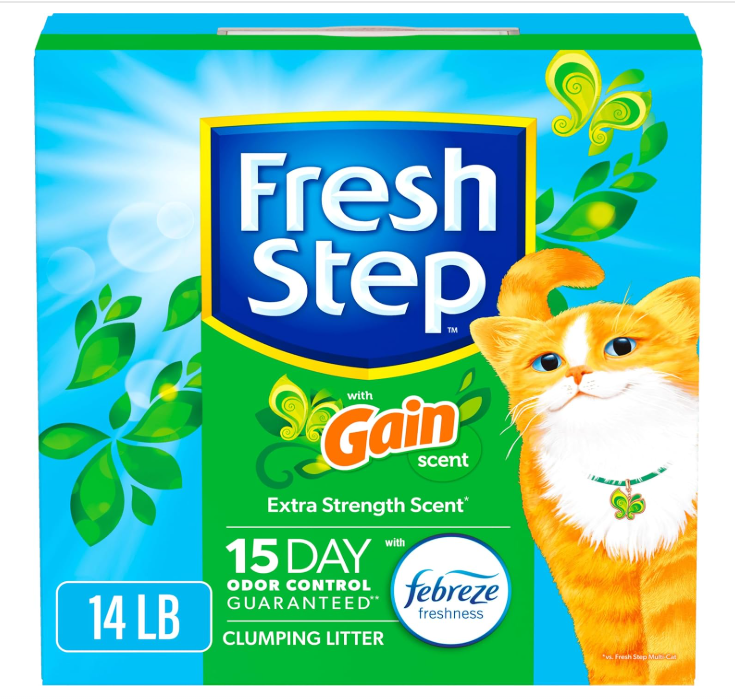Fresh Step Clumping Cat Litter with Febreze Gain Scent, Long Lasting Odor Control Kitty Litter with Activated Charcoal, Low Dust Formula, 14 lb