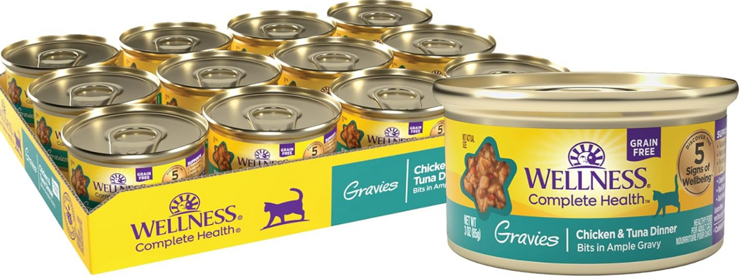 Wellness Complete Health Gravies Natural Grain Free Wet Canned Cat Food, Chicken & Tuna Dinner in Ample Gravy, 3 Ounces