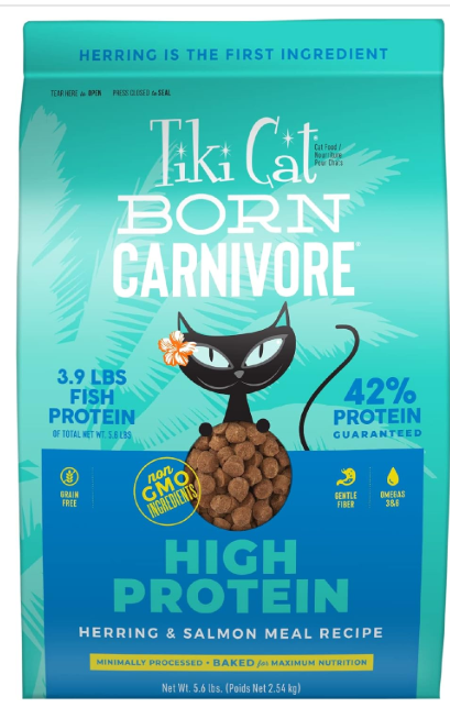 Tiki Cat Born Carnivore High Protein, Herring & Salmon Meal, Grain-Free Baked Kibble to Maximize Nutrients, Dry Cat Food, 5.6 lbs. Bag