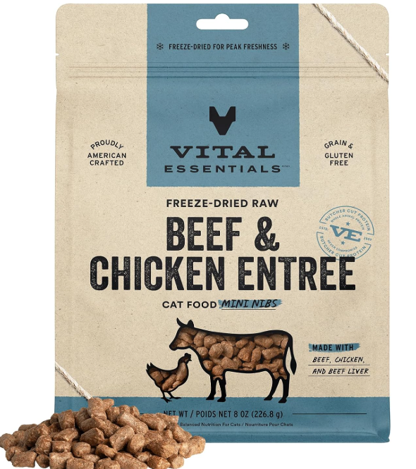 Vital Essentials Freeze Dried Raw Cat Food, Beef & Chicken Mini Nibs Entree, 8 oz