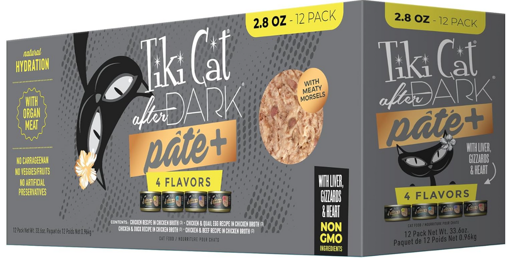 Tiki Cat After Dark Pate+, Variety Pack, with High Moisture Broth for Optimal Hydration, Wet Canned Cat Food, 2.8 oz. Cans (Pack of 12)