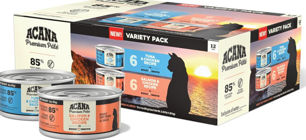 ACANA Premium Pate Variety 12 Pack: Salmon & Chicken Recipe (6) + Tuna & Chicken Recipe (6), 3oz
