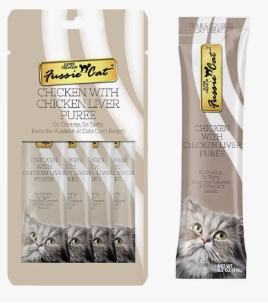 Fussie Cat Chicken & Liver Puree Lickable Cat Treats, 2-oz pouch