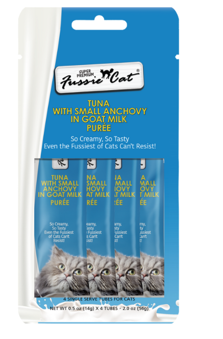 Fussie Cat Premium Tuna with Small Anchovies in Goat Milk Puree Lickable Cat Treats, 2-oz pouch
