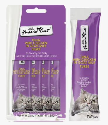 Fussie Cat Premium Tuna with Chicken in Goat Milk Puree Lickable Cat Treats, 2-oz pouch