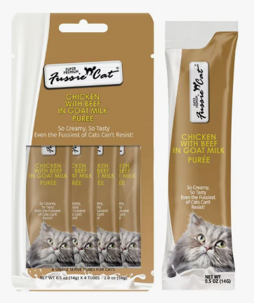 Fussie Cat Super Premium Chicken with Beef in Goat Milk Puree Lickable Cat Treats, 2-oz pouch