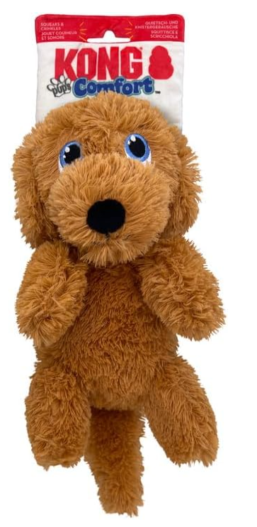 KONG Comfort Pups Low Stuffing Plush Fur and Crinkly Noise with Squeaker (Medium, Goldie)