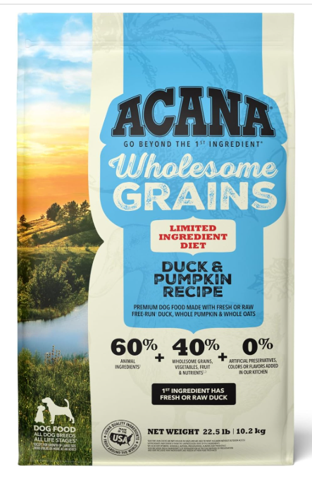 ACANA Wholesome Grains Limited Ingredient Diet Dry Dog Food, Duck & Pumpkin Recipe, Single Protein Duck Dog Food, 22.5lb