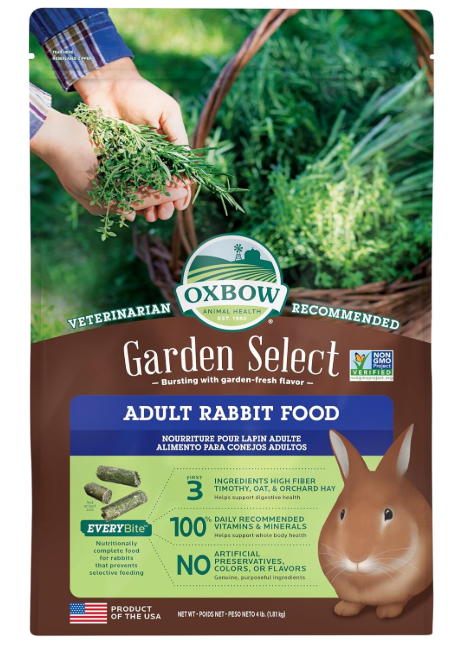 Oxbow Animal Health Garden Select Rabbit Food, Adult Rabbit, Made Timothy Hay, Vitamin & Mineral Rich Pet Food Pellets, Bunny Supplies, Made in USA, High Fiber, 4 lb Bag