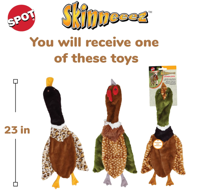 SPOT Skinneeez Crinklers Bird- Stuffing-Free Dog Toy with Crinkle and Squeaker Sounds, Durable Tug Toy for Moderate Chewers, Ideal for Medium and Large Dogs, Assorted Styles, 23 in