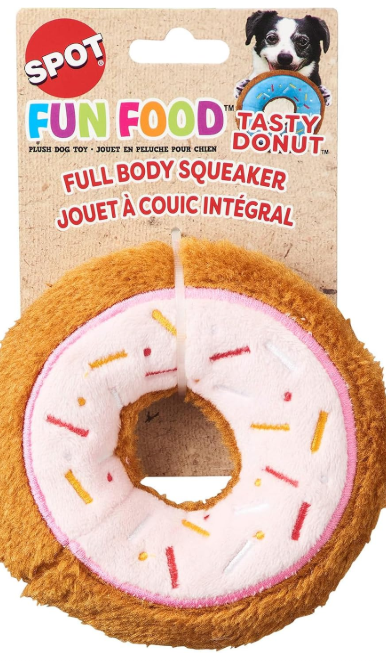 SPOT Fun Food Tasty Donut- Plush Chew Toy with Self Healing Squeaker for Small and Medium Dogs and Puppies, 5 inch, Assorted Styles, 1 Piece