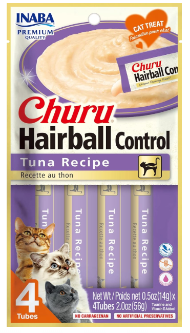 INABA Churu for Cats, Functional, Creamy Lickable Purée Cat Treat for Hairball Control with Taurine & Vitamin E, 0.5 Ounces Each, 4 Tubes (1 Pack), Tuna Recipe