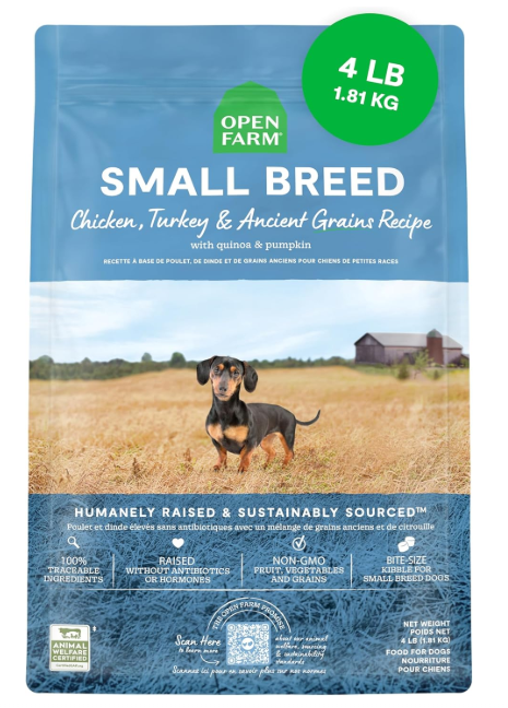 Open Farm, Ancient Grains Dry Dog Food for Small Breeds, Protein-Rich & Nutrient Dense, 90% Animal Protein with Non-GMO Fruits, Veggies and Superfoods, Chicken & Turkey Recipe for Small Dogs, 4lb Bag