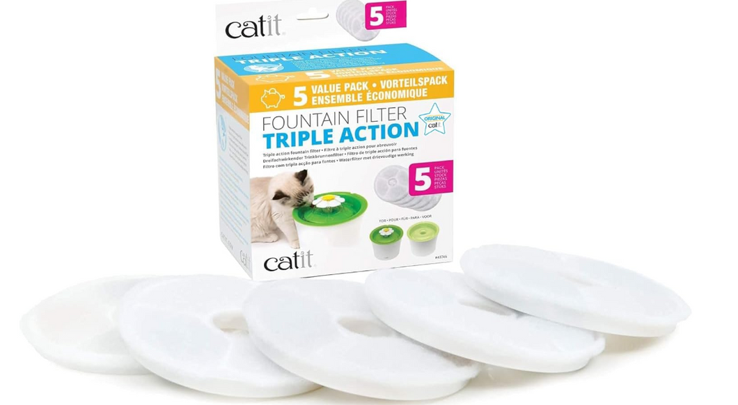 Catit Triple Action Replacement Original Water Fountain Filters, 5 Pack – Official Replacement Filters for Catit Cat Drinking Water Fountains