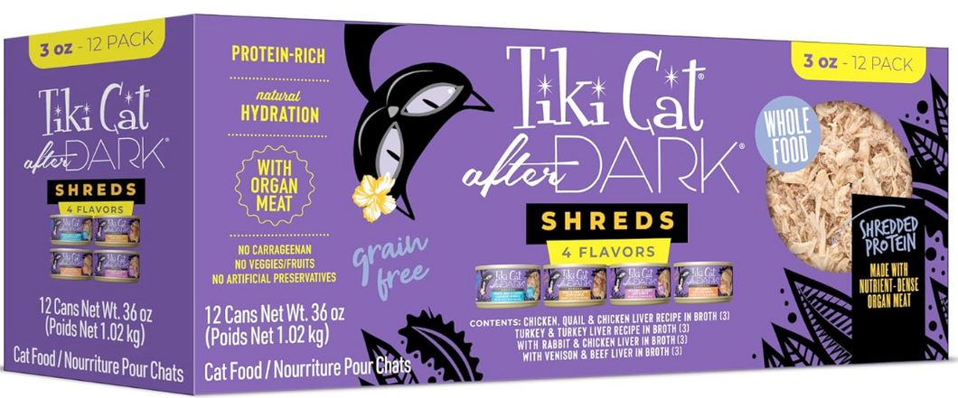 Tiki Cat After Dark Shreds Wet Cat Food, Variety Pack, 3 oz. Can (12 Count)