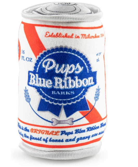 Haute Diggity Dog Pups Blue Ribbon Beer Can, Plush Designer Dog Toys with Interactive Squeaker, Stimulating Pet Enrichment, Machine-Washable & Safe Materials for All Breeds, One Size