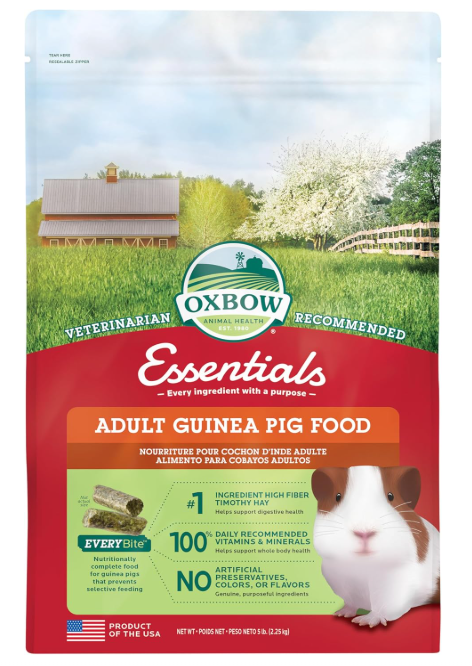 Oxbow Essentials Guinea Pig Food, Adult Guinea Pig, Made with Oxbow Timothy Hay, Pet Food Pellets with Vitamin C, Small Animal Pet Products, Made in USA, High Fiber, 5 lb. bag