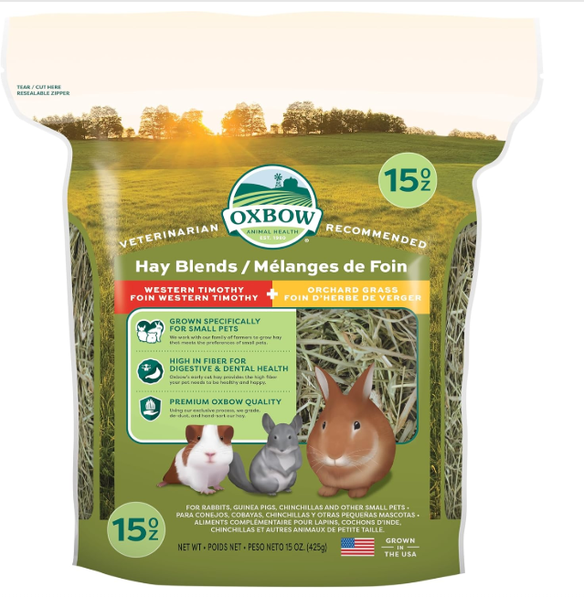 Oxbow Animal Health Hay Blends, Western Timothy & Orchard, Guinea Pig Hay, Small Pet Bunny Supplies, All Natural Grass for Guinea Pig & Rabbit, Rabbit Supplies for Bunnies, 15 oz. Bag