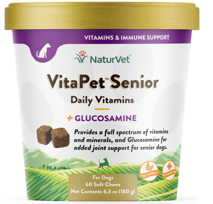 NaturVet VitaPet Senior Daily Vitamins Plus Glucosamine for Dogs, 60 ct Soft Chews, Made in The USA with Globally Source Ingredients